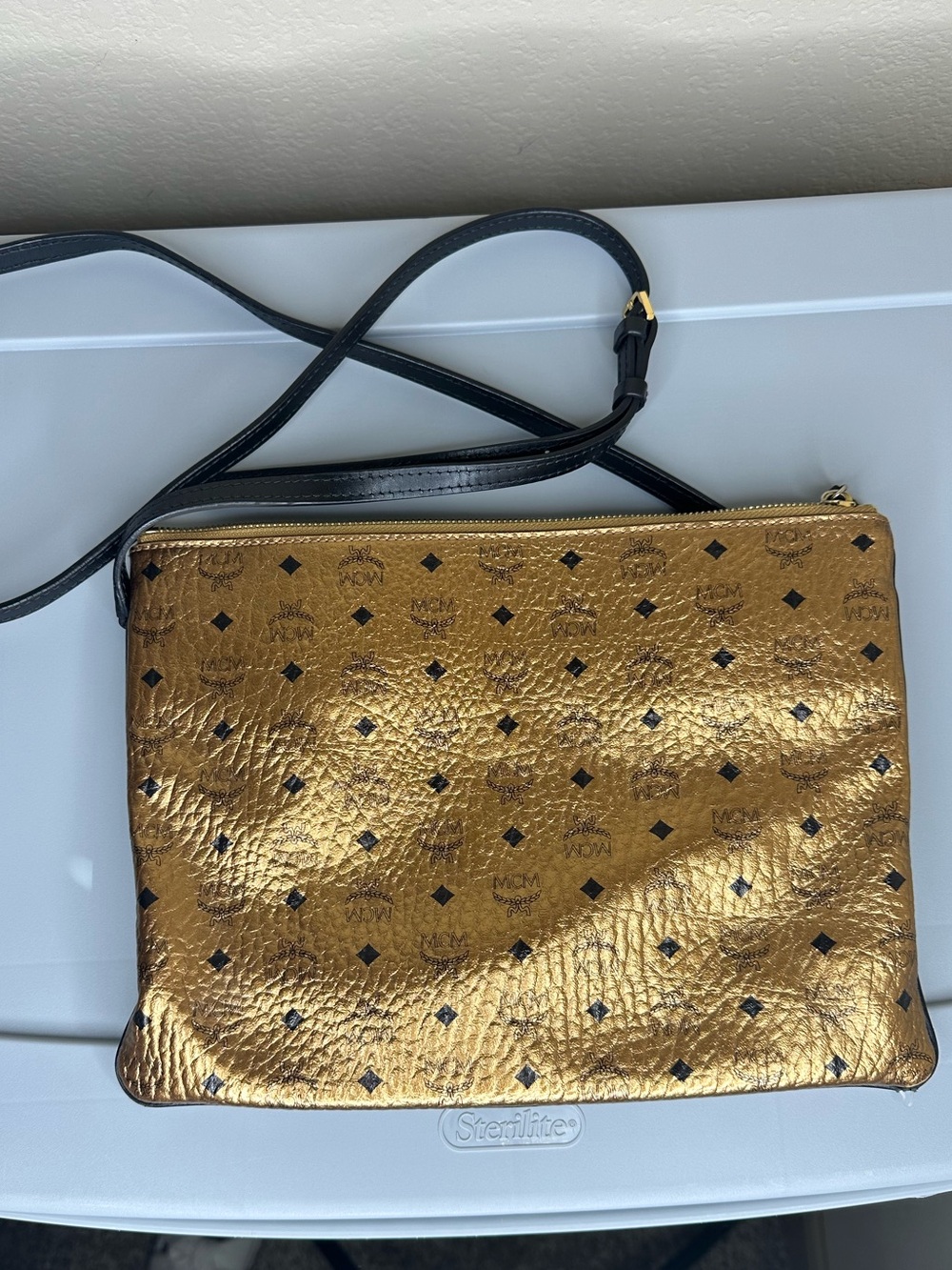 MCM Gold Visetos Crossbody Pouch with Black Strap